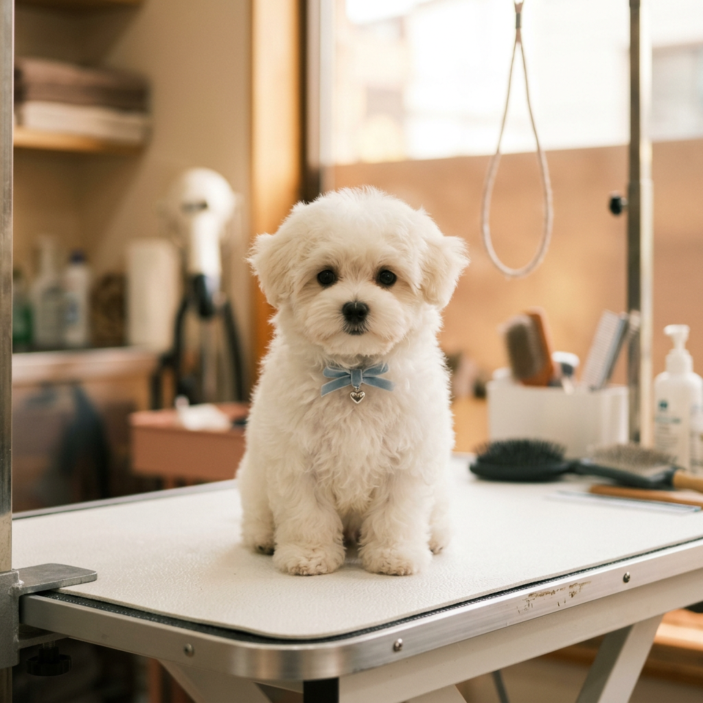 A fluffy puppy sitting patiently during a gentle groom