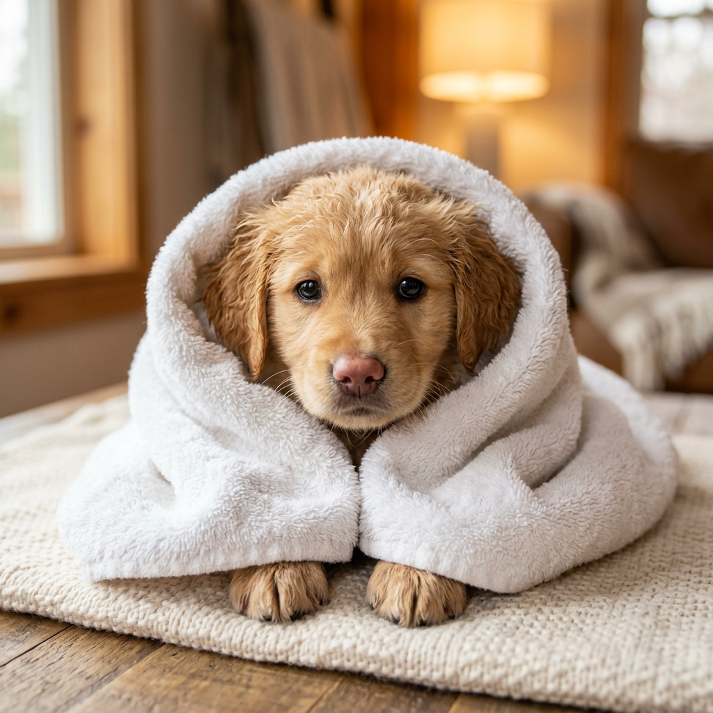 A tiny puppy after a bath wrapped in a towel