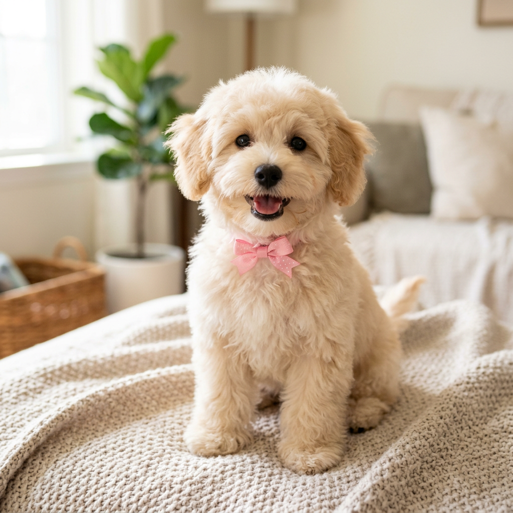 A happy freshly groomed puppy with a bow